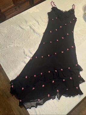 Y2K Dream 💗 Black Maxi Dress with Pink Floral Accents and beading.